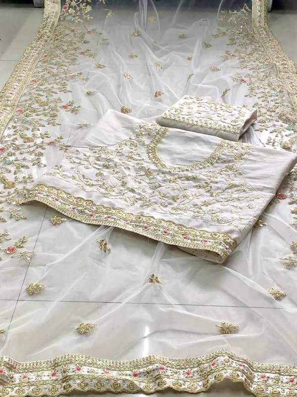 FWVLS BEAUTIFUL WHITE SOFT NET SAREE WITH HEAVY EMBROIDERY WORK - White