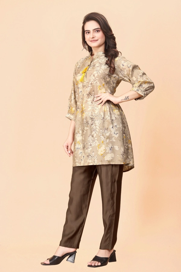 FWGC PRINTED PRINCE COLLAR MODAL SILK KURTI WITH BOTTOM - M-38, Gray