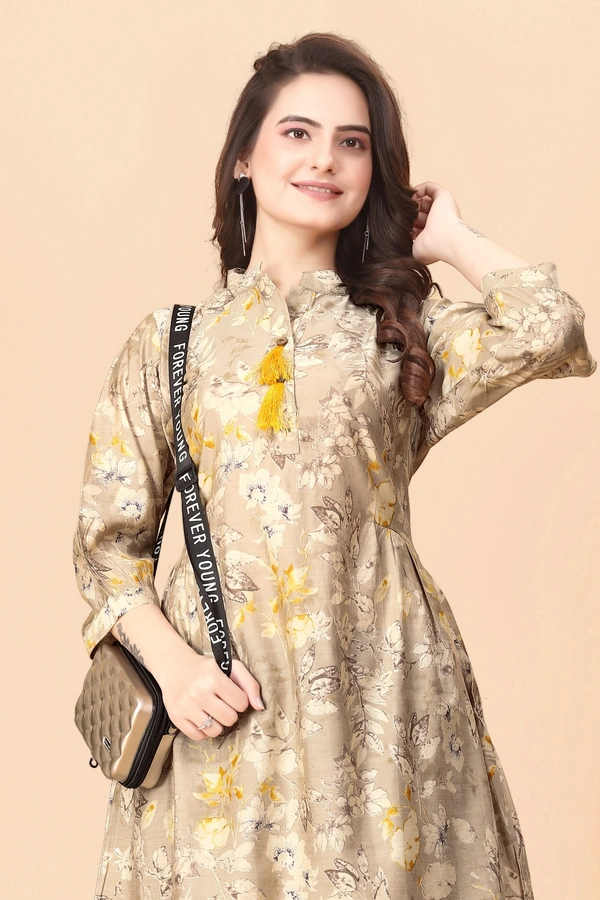 FWGC PRINTED PRINCE COLLAR MODAL SILK KURTI WITH BOTTOM - M-38, Gray