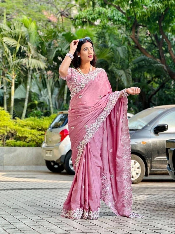 FWVLS PARTYWEAR EMBROIDERED CHINON SILK SAREE WITH BLOUSE PIECE - Pink