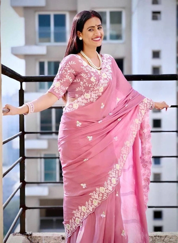 FWVLS PARTYWEAR EMBROIDERED CHINON SILK SAREE WITH BLOUSE PIECE - Pink