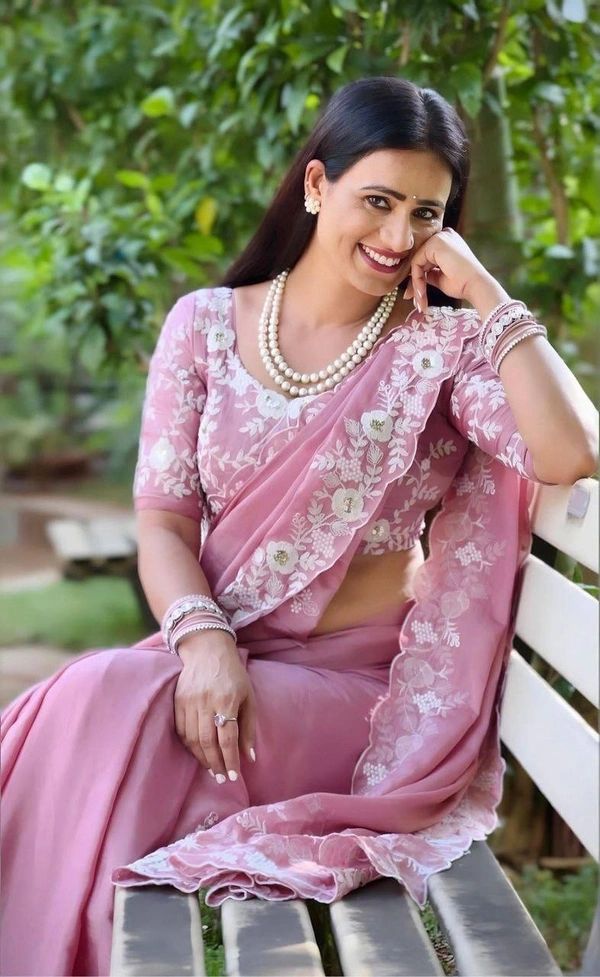 FWVLS PARTYWEAR EMBROIDERED CHINON SILK SAREE WITH BLOUSE PIECE - Pink