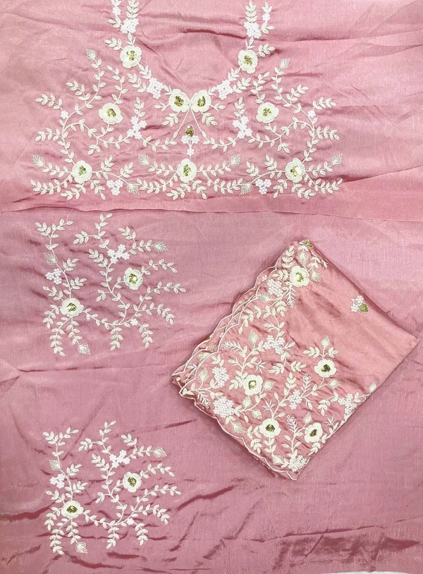 FWVLS PARTYWEAR EMBROIDERED CHINON SILK SAREE WITH BLOUSE PIECE - Pink