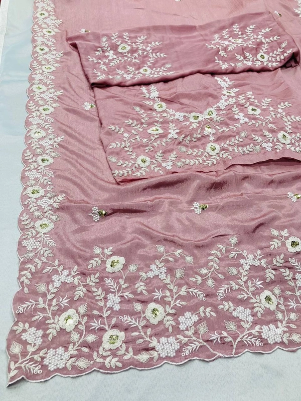 FWVLS PARTYWEAR EMBROIDERED CHINON SILK SAREE WITH BLOUSE PIECE - Pink