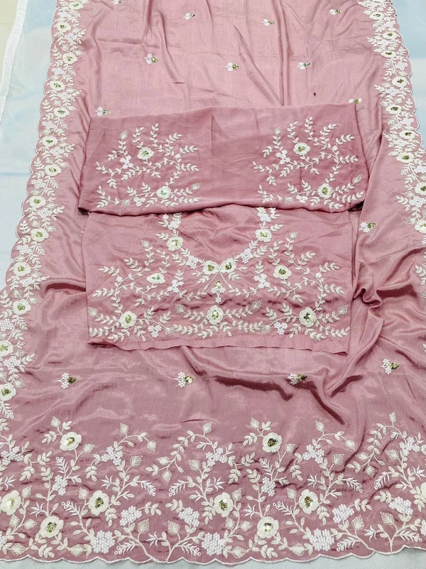 FWVLS PARTYWEAR EMBROIDERED CHINON SILK SAREE WITH BLOUSE PIECE - Pink