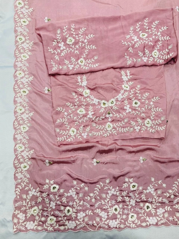 FWVLS PARTYWEAR EMBROIDERED CHINON SILK SAREE WITH BLOUSE PIECE - Pink
