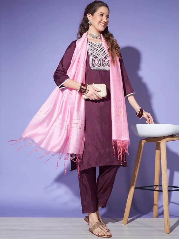 FWVT BEAUTIFUL KURTI SET WITH ZARI NECK EMBROIDERY - L-40, Woody Brown