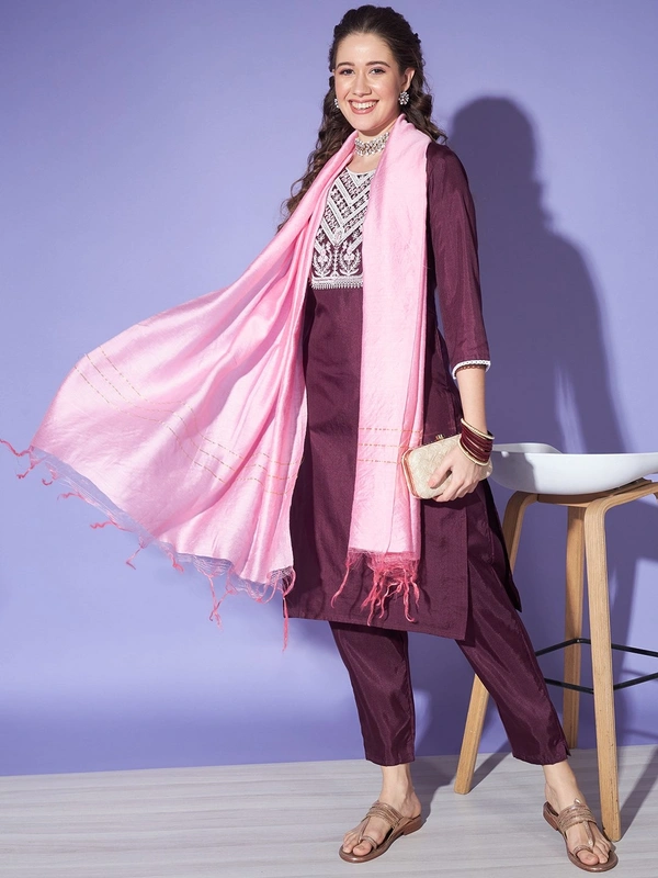 FWVT BEAUTIFUL KURTI SET WITH ZARI NECK EMBROIDERY - L-40, Woody Brown