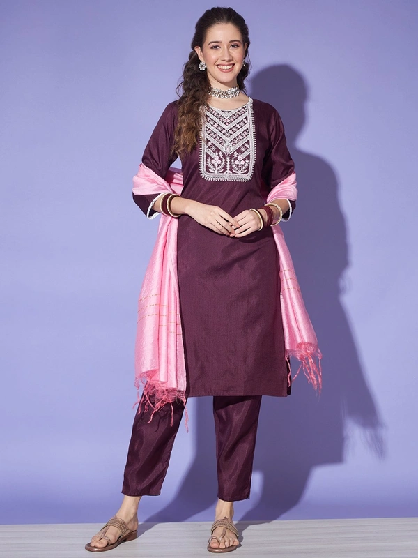 FWVT BEAUTIFUL KURTI SET WITH ZARI NECK EMBROIDERY - L-40, Woody Brown
