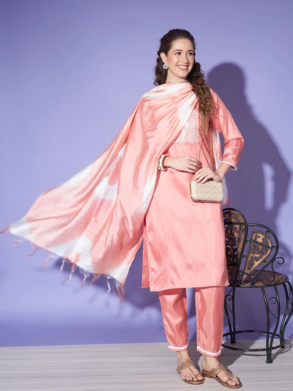 FWVT BEAUTIFUL KURTI SET WITH ZARI NECK EMBROIDERY - XL-42, New York Pink