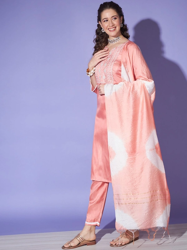 FWVT BEAUTIFUL KURTI SET WITH ZARI NECK EMBROIDERY - XL-42, New York Pink