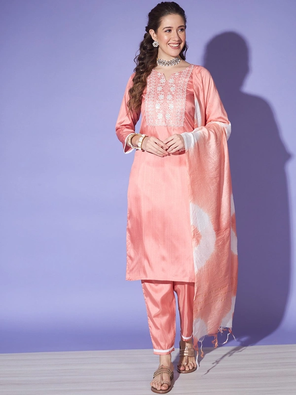 FWVT BEAUTIFUL KURTI SET WITH ZARI NECK EMBROIDERY - XL-42, New York Pink