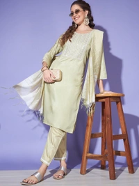 FWVT BEAUTIFUL KURTI SET WITH ZARI NECK EMBROIDERY - M-38, Heathered Gray