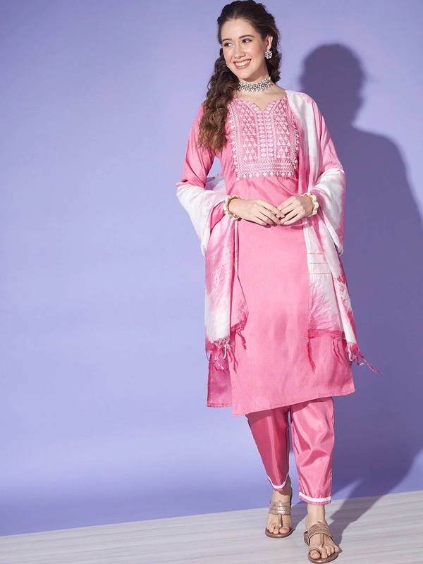 FWVT BEAUTIFUL KURTI SET WITH ZARI NECK EMBROIDERY - M-38, Pink