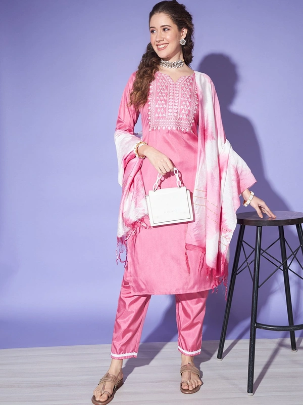 FWVT BEAUTIFUL KURTI SET WITH ZARI NECK EMBROIDERY - M-38, Pink
