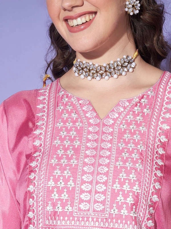 FWVT BEAUTIFUL KURTI SET WITH ZARI NECK EMBROIDERY - M-38, Pink