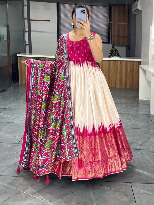 FWGI SOFT SILK GOWN PLAIN SLEEVES WITH DESIGNER FOIL WORK DUPATTA - 40, Maroon Flush