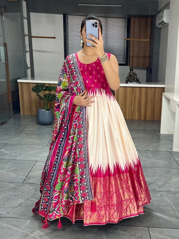 FWGI SOFT SILK GOWN PLAIN SLEEVES WITH DESIGNER FOIL WORK DUPATTA - 40, Maroon Flush