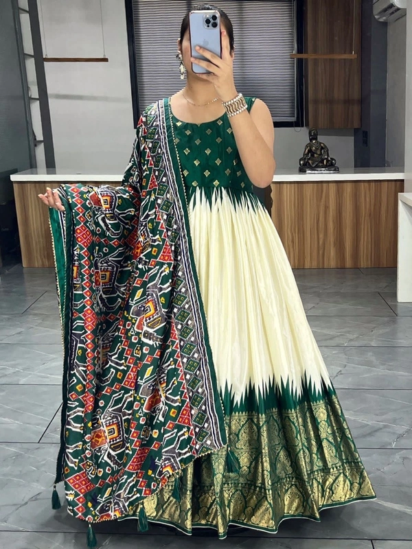 FWGI SOFT SILK GOWN PLAIN SLEEVES WITH DESIGNER FOIL WORK DUPATTA - 40, Green
