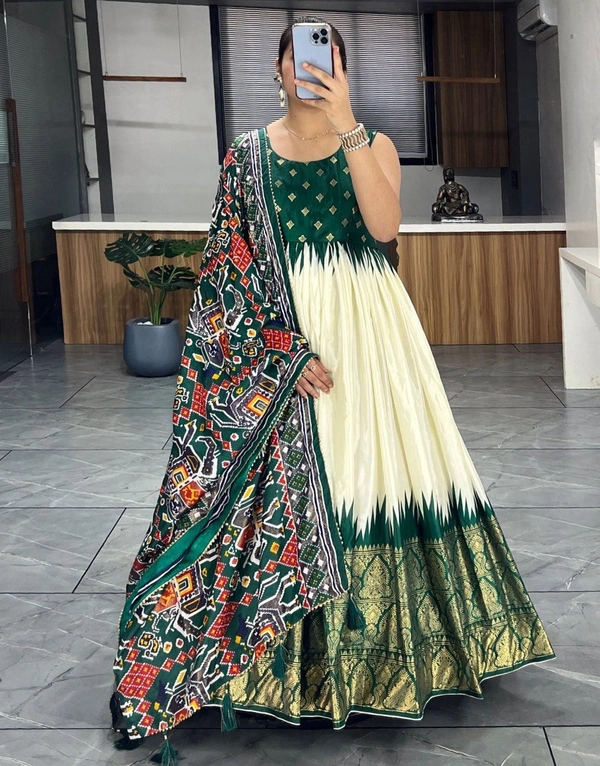 FWGI SOFT SILK GOWN PLAIN SLEEVES WITH DESIGNER FOIL WORK DUPATTA - 40, Green