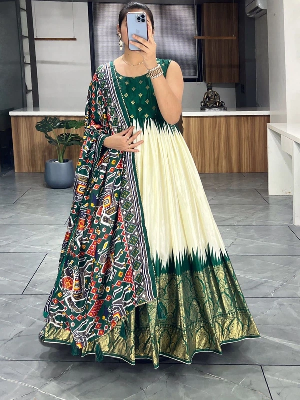FWGI SOFT SILK GOWN PLAIN SLEEVES WITH DESIGNER FOIL WORK DUPATTA - 40, Green