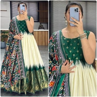 FWGI SOFT SILK GOWN PLAIN SLEEVES WITH DESIGNER FOIL WORK DUPATTA - 40, Green