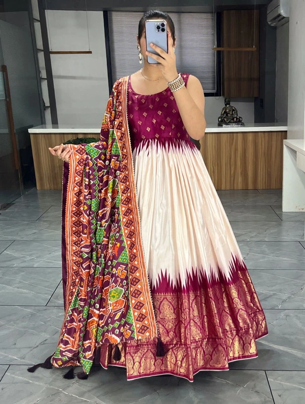 FWGI SOFT SILK GOWN PLAIN SLEEVES WITH DESIGNER FOIL WORK DUPATTA - 40, Rose Bud Cherry