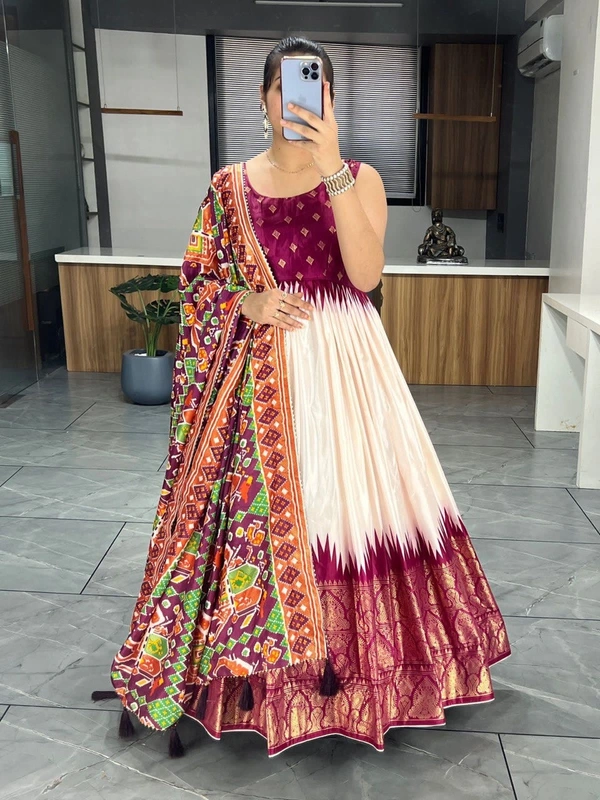 FWGI SOFT SILK GOWN PLAIN SLEEVES WITH DESIGNER FOIL WORK DUPATTA - 40, Rose Bud Cherry