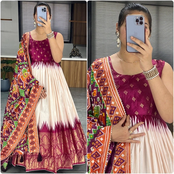 FWGI SOFT SILK GOWN PLAIN SLEEVES WITH DESIGNER FOIL WORK DUPATTA - 40, Rose Bud Cherry