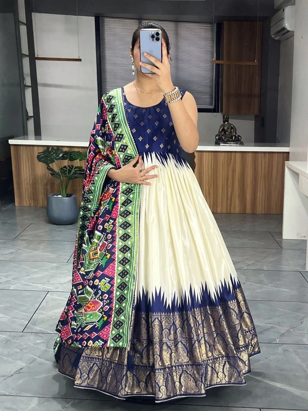 FWGI SOFT SILK GOWN PLAIN SLEEVES WITH DESIGNER FOIL WORK DUPATTA - 40, Navy Blue