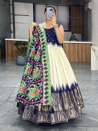 FWGI SOFT SILK GOWN PLAIN SLEEVES WITH DESIGNER FOIL WORK DUPATTA - 40, Navy Blue