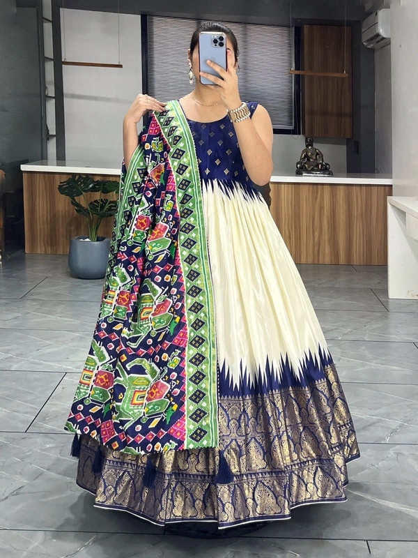 FWGI SOFT SILK GOWN PLAIN SLEEVES WITH DESIGNER FOIL WORK DUPATTA - 40, Navy Blue