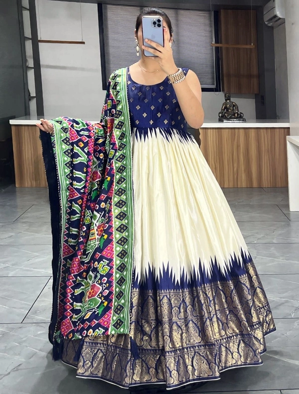 FWGI SOFT SILK GOWN PLAIN SLEEVES WITH DESIGNER FOIL WORK DUPATTA - 40, Navy Blue