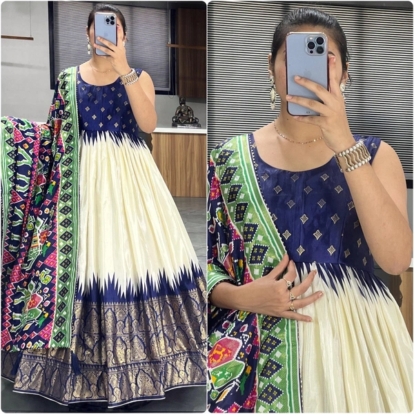 FWGI SOFT SILK GOWN PLAIN SLEEVES WITH DESIGNER FOIL WORK DUPATTA - 40, Navy Blue