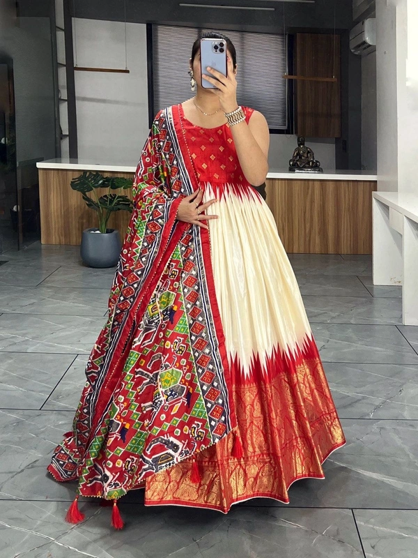 FWGI SOFT SILK GOWN PLAIN SLEEVES WITH DESIGNER FOIL WORK DUPATTA - 40, Red