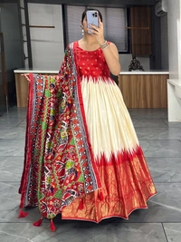 FWGI SOFT SILK GOWN PLAIN SLEEVES WITH DESIGNER FOIL WORK DUPATTA - 40, Red