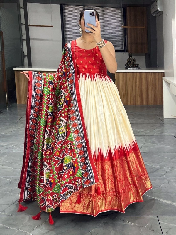 FWGI SOFT SILK GOWN PLAIN SLEEVES WITH DESIGNER FOIL WORK DUPATTA - 40, Red