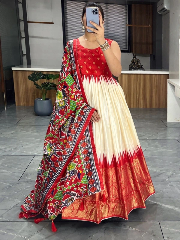 FWGI SOFT SILK GOWN PLAIN SLEEVES WITH DESIGNER FOIL WORK DUPATTA - 40, Red