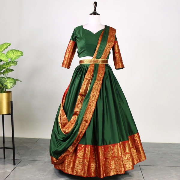 FWG  STYLED MERCERISED COTTON AURA LEHENGA CHOLI WITH DUPATTA - Dark Green