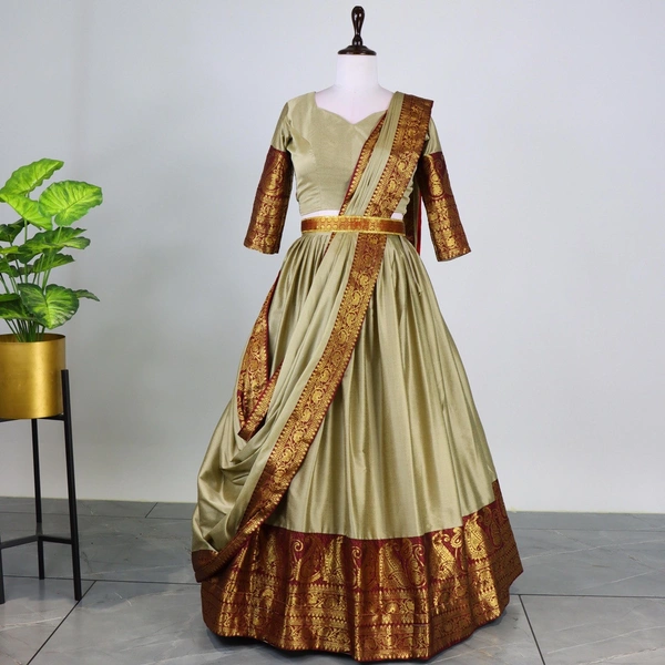 FWG  STYLED MERCERISED COTTON AURA LEHENGA CHOLI WITH DUPATTA - Sage