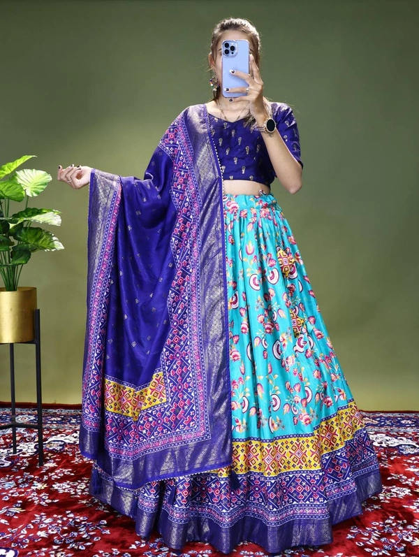 FWGI FLORAL SOFT SILK LEHENGA WITH BEAUTIFUL FOIL WORK - Sky Blue