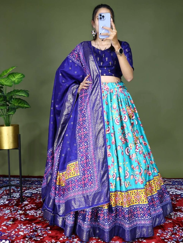 FWGI FLORAL SOFT SILK LEHENGA WITH BEAUTIFUL FOIL WORK - Sky Blue