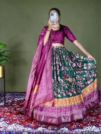 FWGI FLORAL SOFT SILK LEHENGA WITH BEAUTIFUL FOIL WORK - Blue Stone