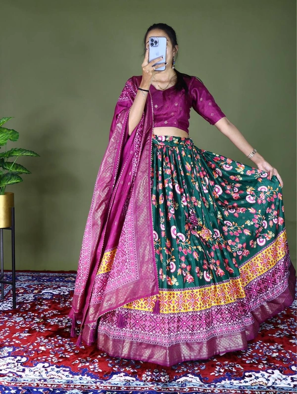 FWGI FLORAL SOFT SILK LEHENGA WITH BEAUTIFUL FOIL WORK - Blue Stone
