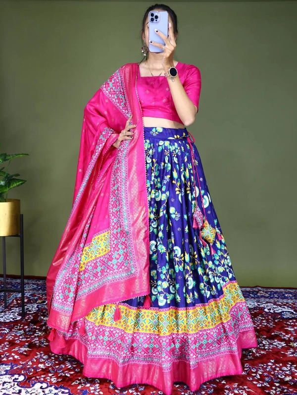 FWGI FLORAL SOFT SILK LEHENGA WITH BEAUTIFUL FOIL WORK - Navy Blue