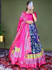 FWGI FLORAL SOFT SILK LEHENGA WITH BEAUTIFUL FOIL WORK - Navy Blue