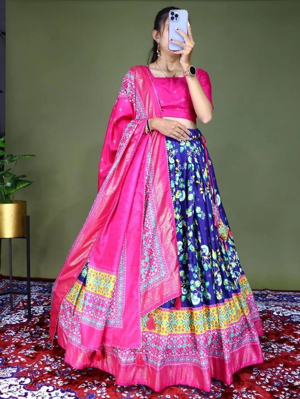 FWGI FLORAL SOFT SILK LEHENGA WITH BEAUTIFUL FOIL WORK - Navy Blue