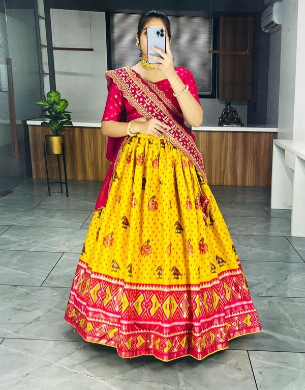 FWGI DOLA SILK PAITHANI PRINT AND FOILWORK LEHENGA CHOLI WITH DUPATTA - Yellow