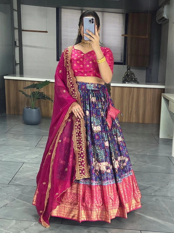 FWGI KALAMKARI SILK LEHENGA WITH FOIL WORK BORDER - Navy Blue