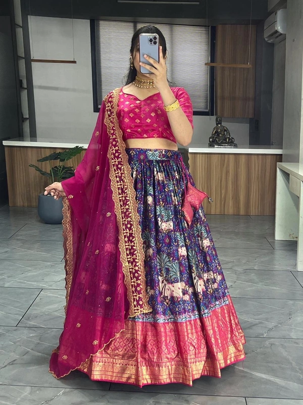 FWGI KALAMKARI SILK LEHENGA WITH FOIL WORK BORDER - Navy Blue